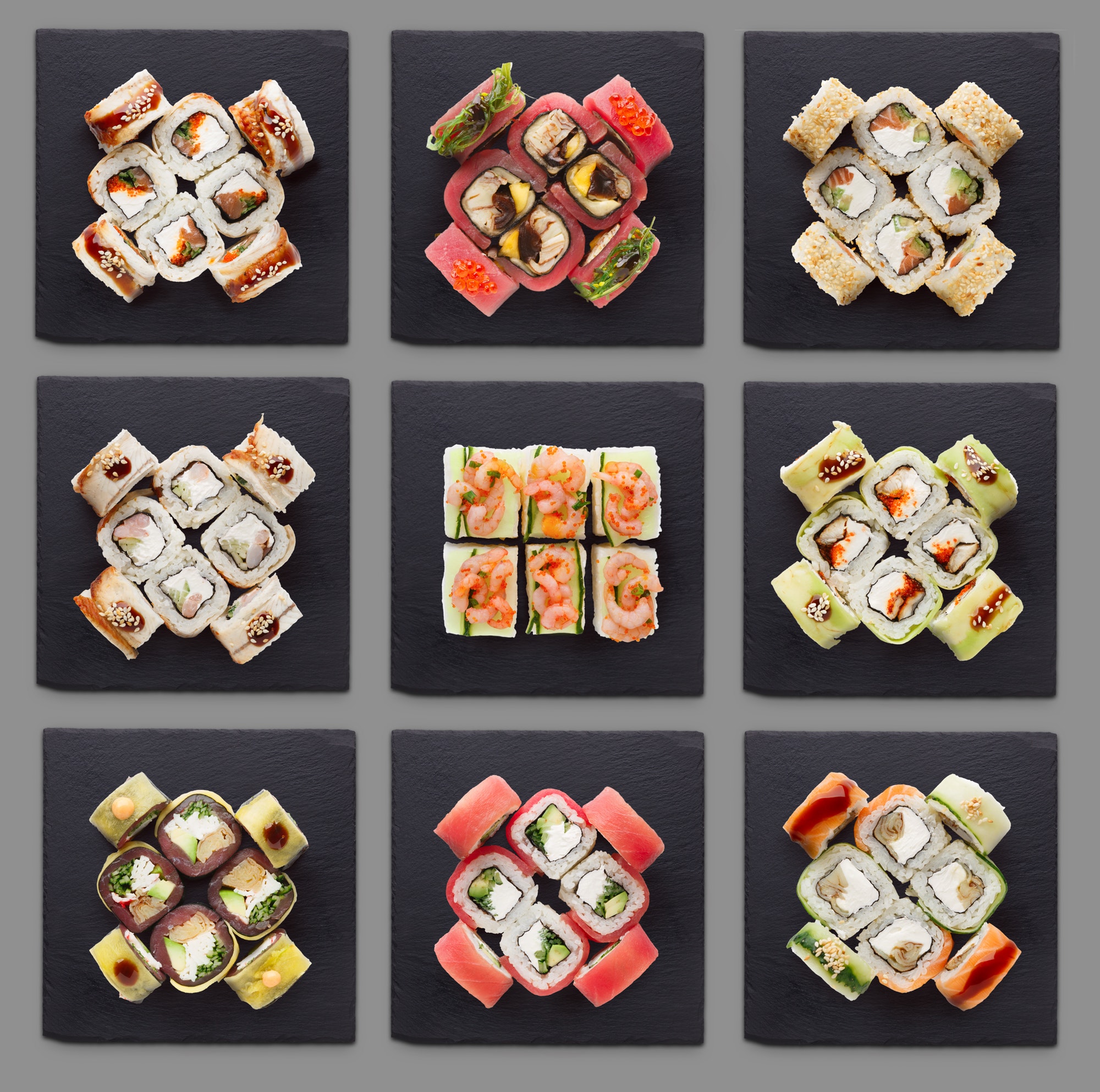 Collage of assorted sushi sets