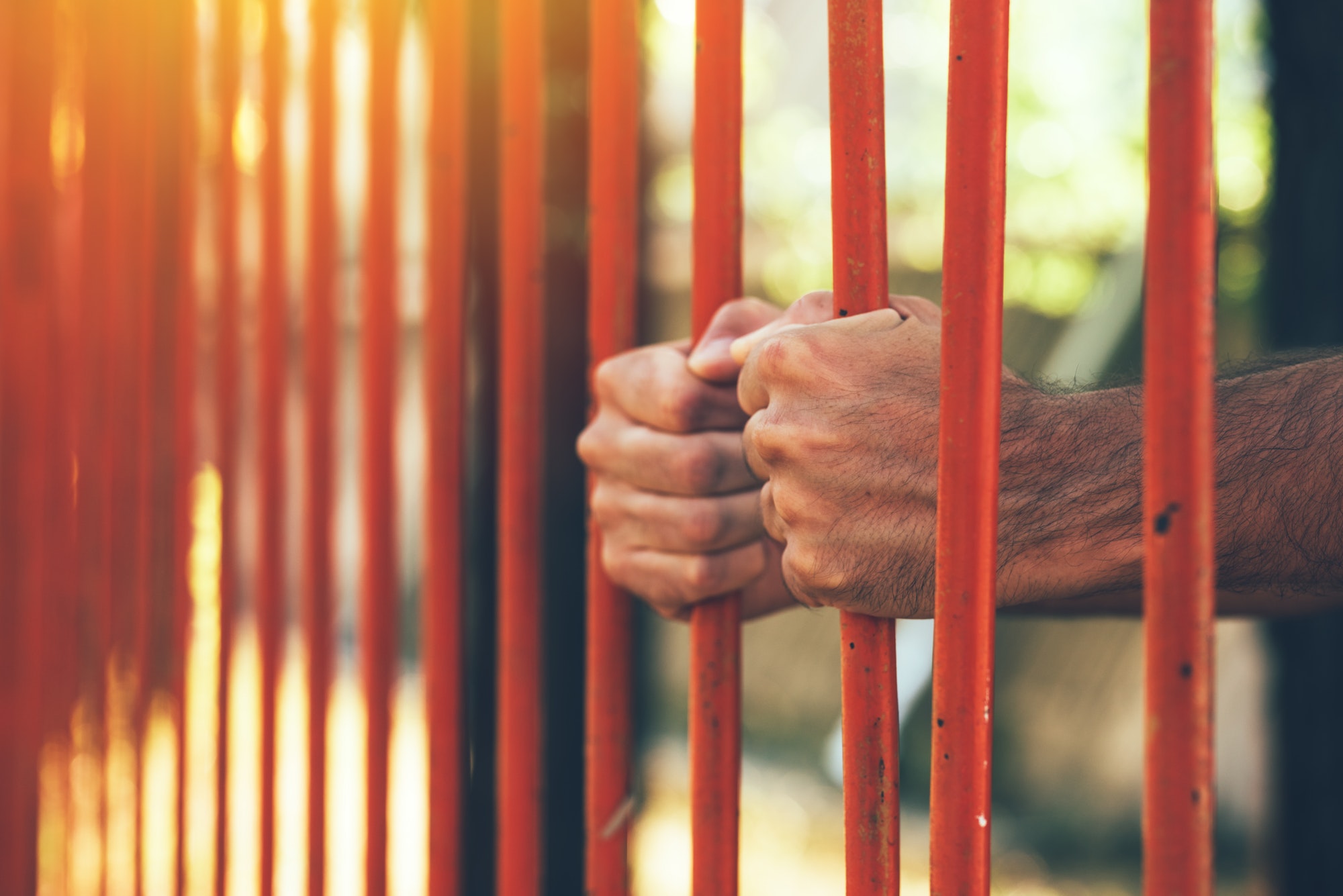 Male hands behind prison yard bars