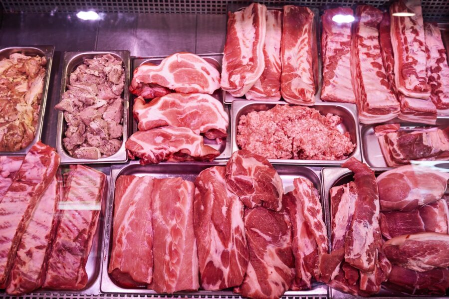 Much of red and raw meat in a meat grocery