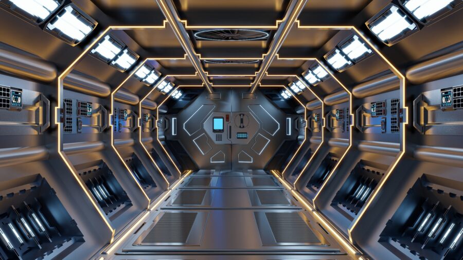 Science background fiction interior rendering sci-fi spaceship corridors yellow light.