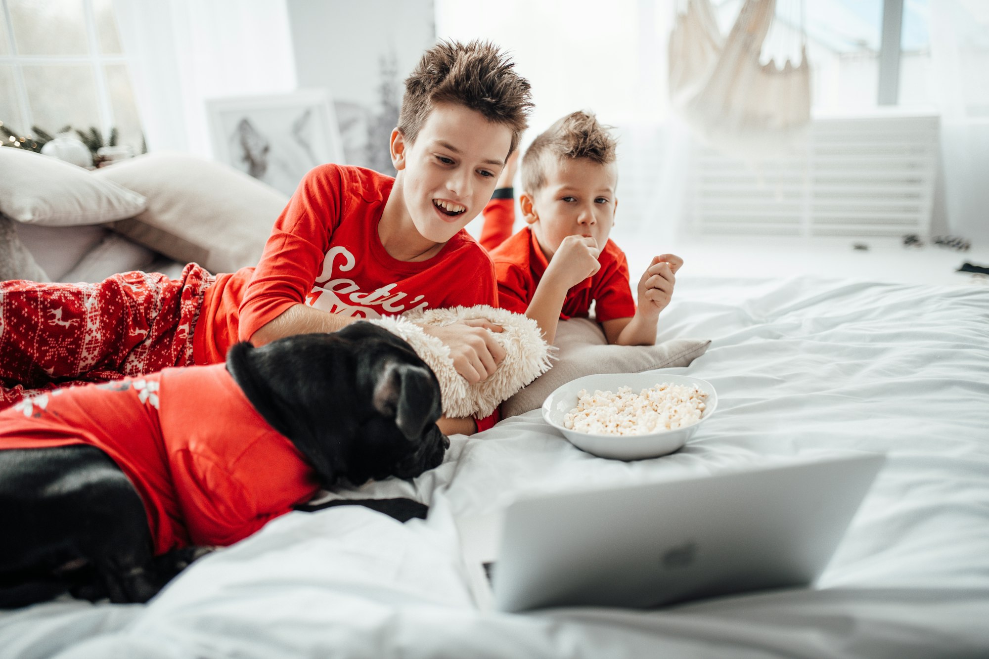 christmas time cozy family with popcorn watching netflix channel television laptop brothers fun