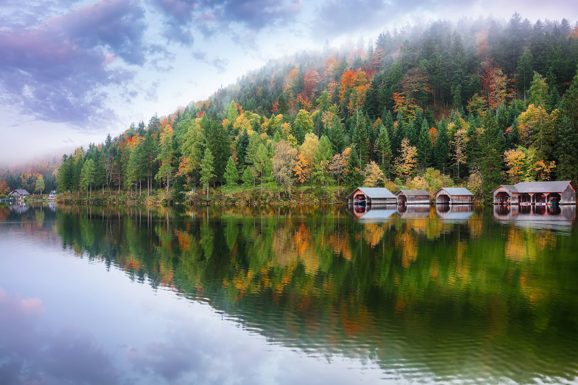 Misty morning on the lake Altausseer See Alps Austria Europe