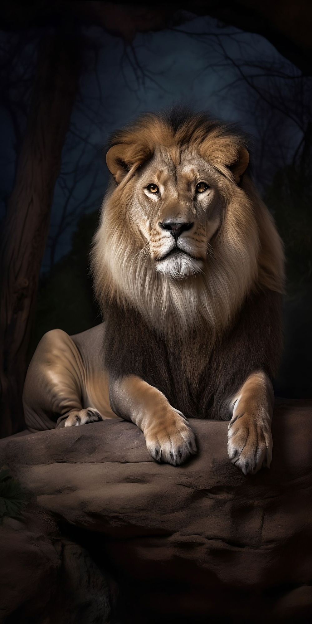 a lion is laying down on a rock under a forest