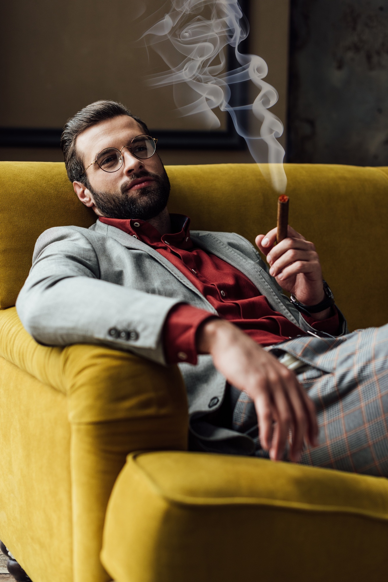 handsome bearded young man smoking cigar on sofa